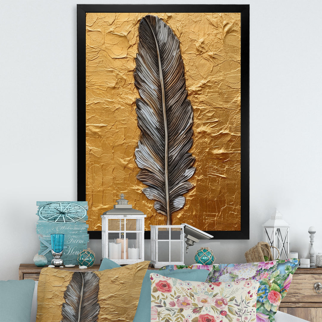 Boho Glam Exquisite Gold Feather Painting - Black Feathers Wall Art