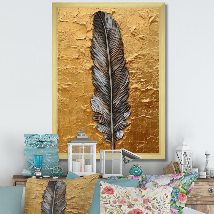 Boho Glam Exquisite Gold Feather Painting - Black Feathers Wall Art