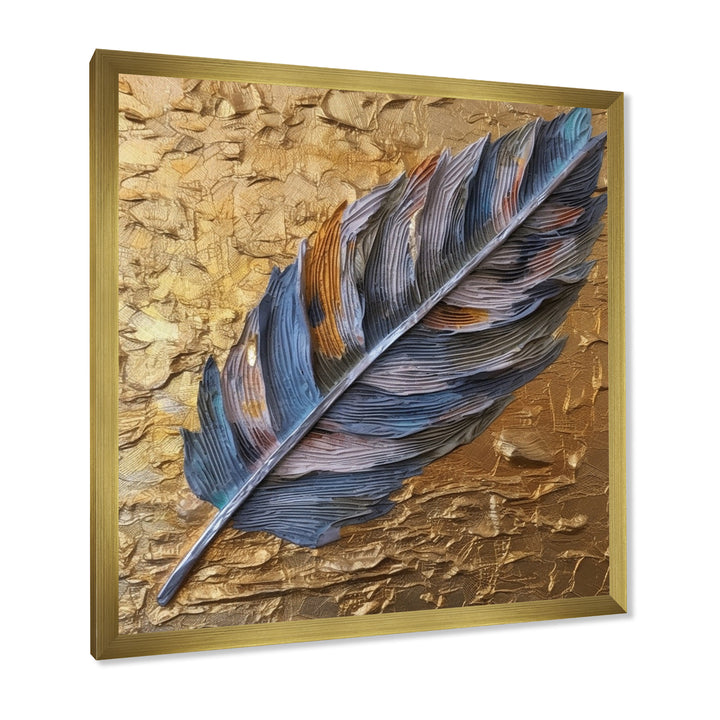 Boho Glam Exquisite Blue Feather On Gold Painting - Feathers Framed Canvas Art