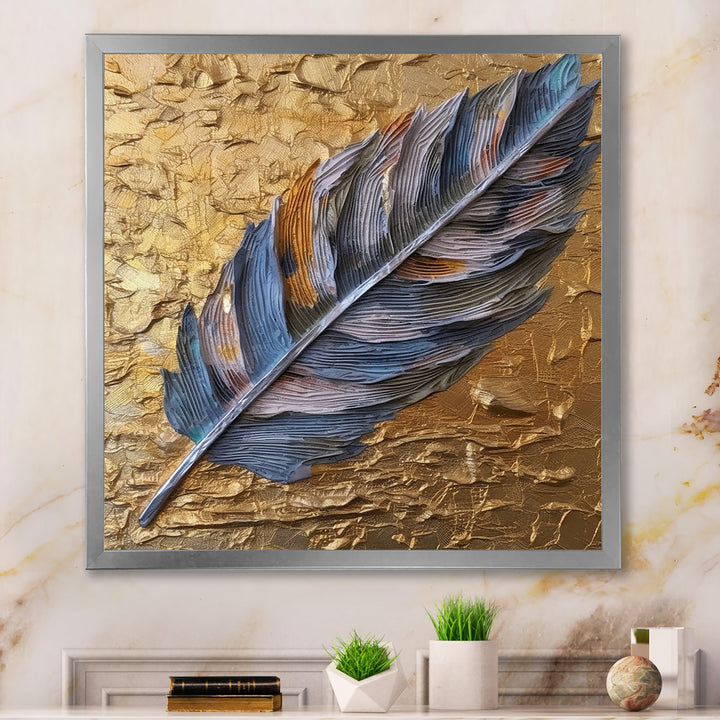 Boho Glam Exquisite Blue Feather On Gold Painting - Feathers Framed Canvas Art