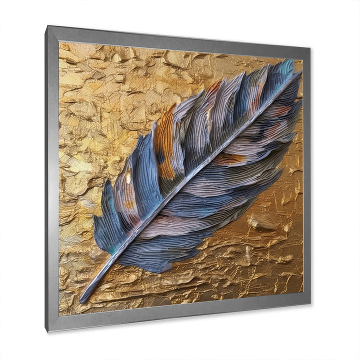 Boho Glam Exquisite Blue Feather On Gold Painting - Feathers Framed Canvas Art