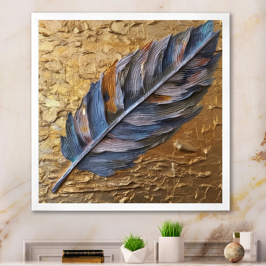Boho Glam Exquisite Blue Feather On Gold Painting - Feathers Framed Canvas Art