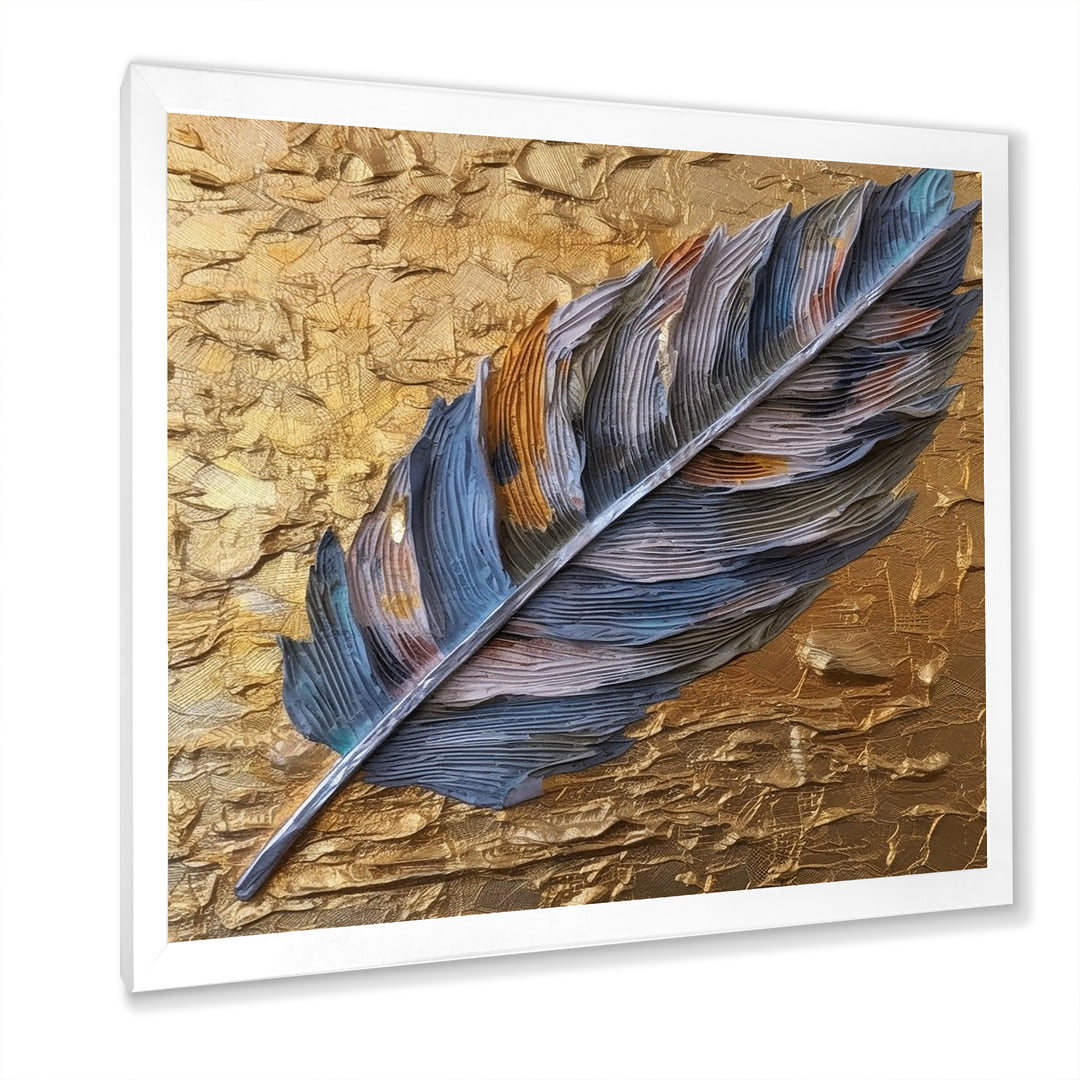 Boho Glam Exquisite Blue Feather On Gold Painting - Feathers Framed Canvas Art