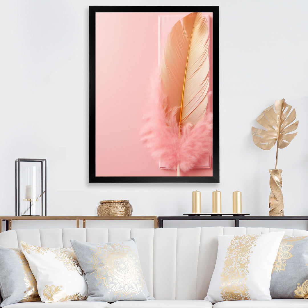 Boho Glam Gold and Pink Feather Elegance - Feathers Living Room Wall Art