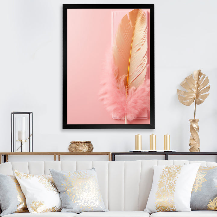 Boho Glam Gold and Pink Feather Elegance - Feathers Living Room Wall Art