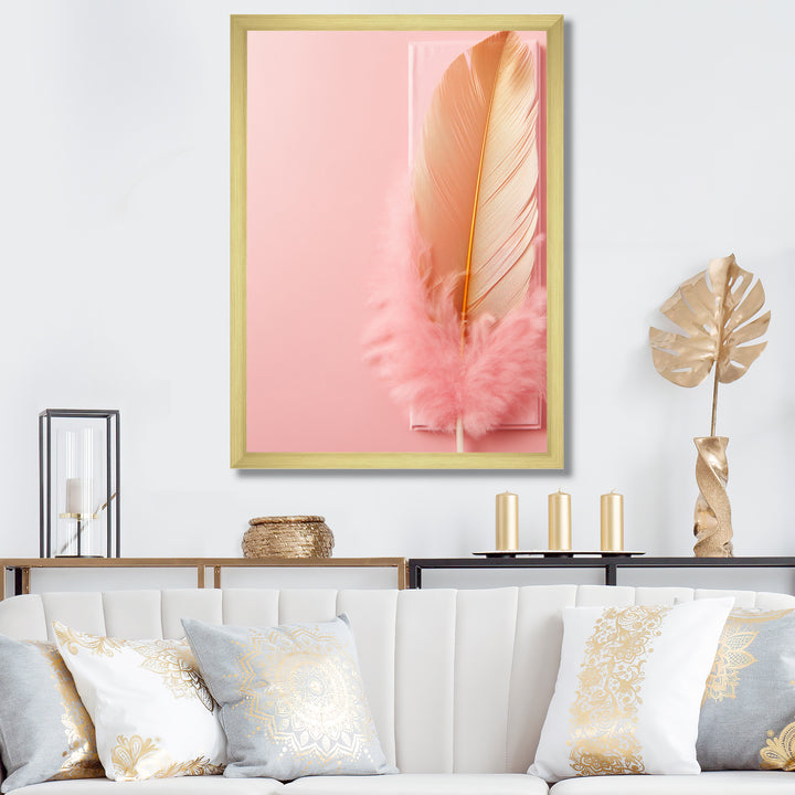 Boho Glam Gold and Pink Feather Elegance - Feathers Living Room Wall Art
