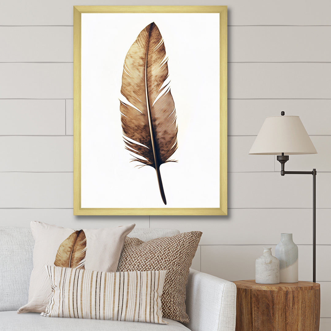 Brown Boho Feather On White Watercolor - Feathers Canvas Wall Art