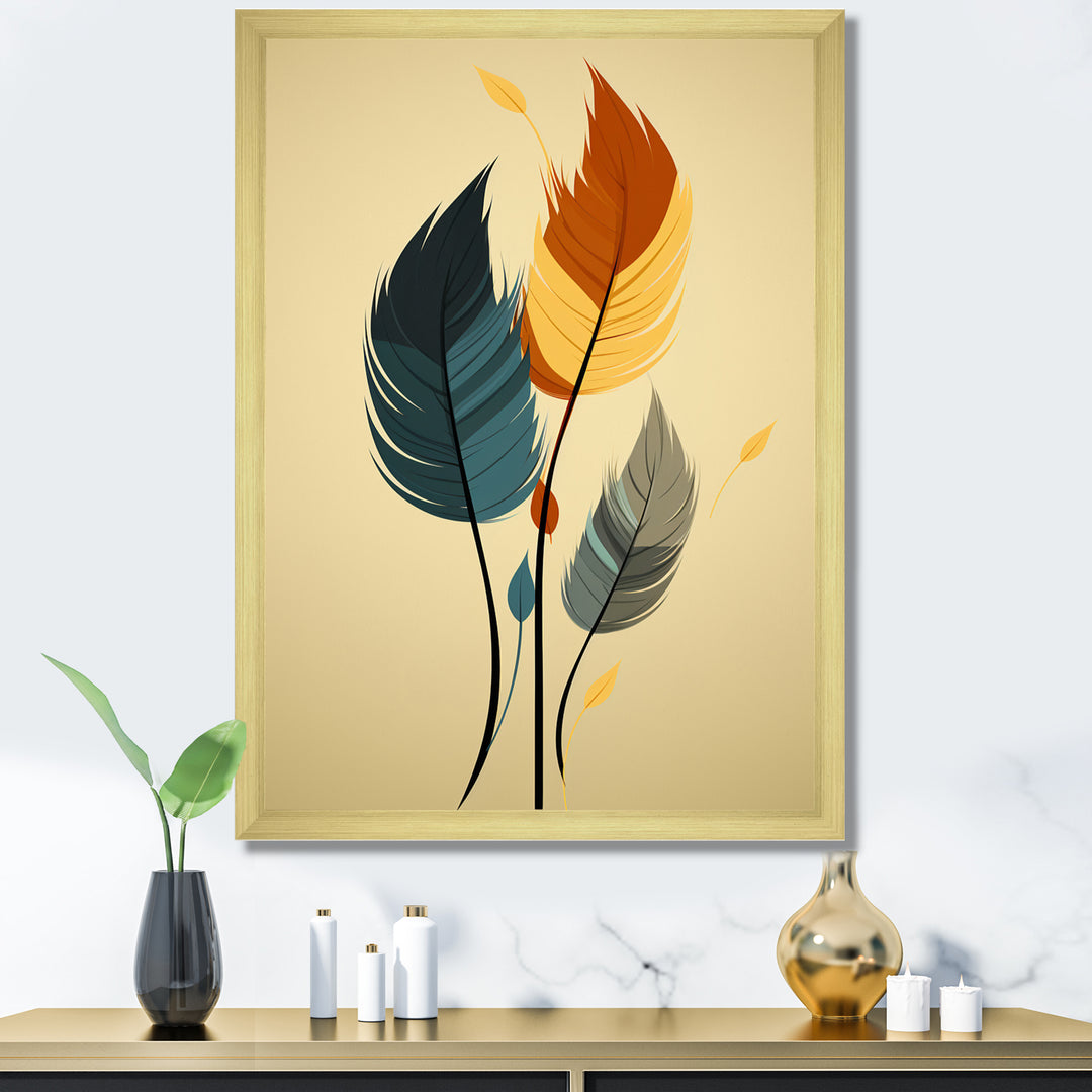 Retro Blue And Amber Orange Boho Feathers - Blue Feathers Wall Art