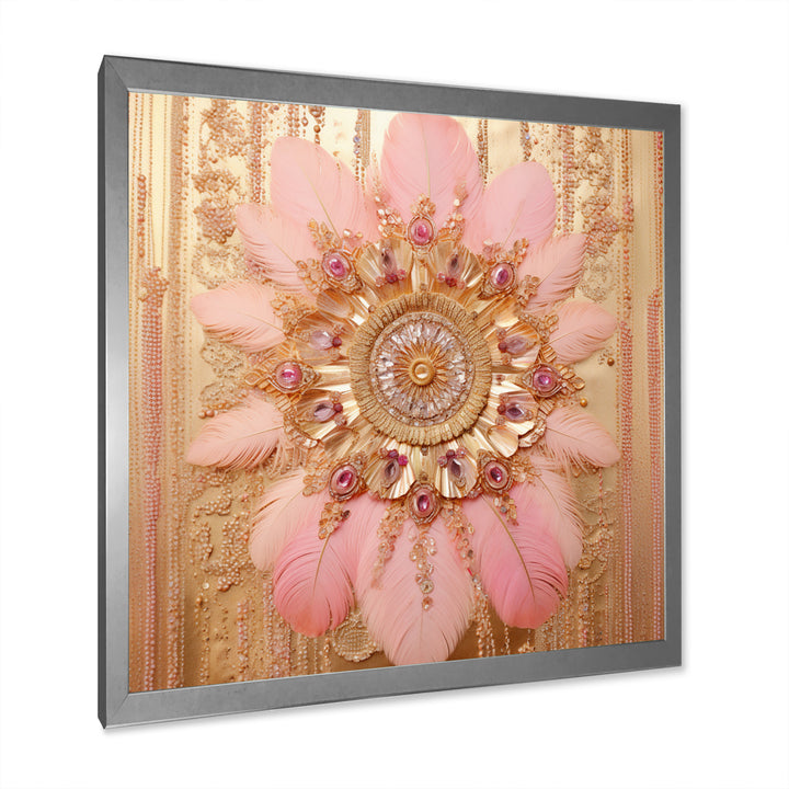 Boho Glam Pink And Gold Dreamcatcher - Feathers Framed Canvas Art