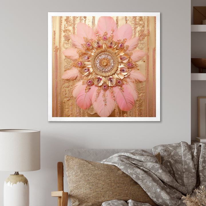 Boho Glam Pink And Gold Dreamcatcher - Feathers Framed Canvas Art