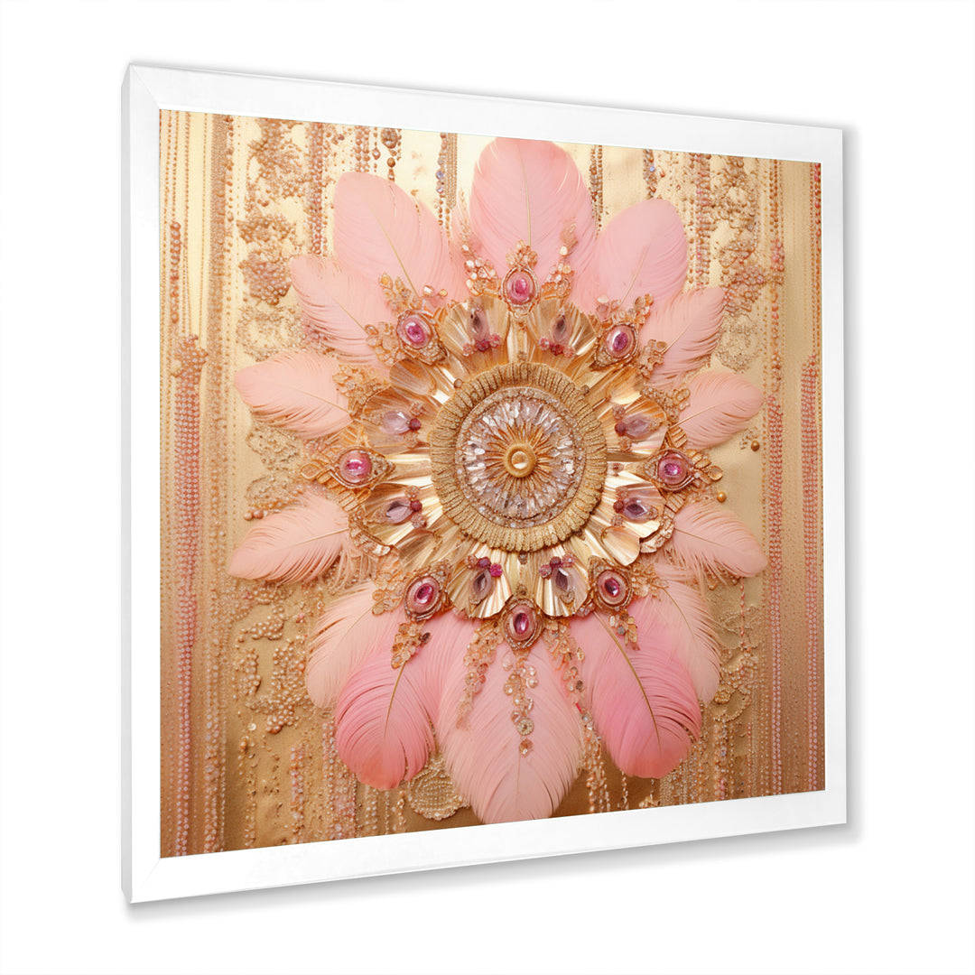 Boho Glam Pink And Gold Dreamcatcher - Feathers Framed Canvas Art