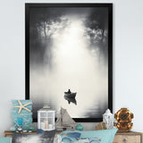 Solitary Fisher Boat Misty Lake Black White - Boat Canvas Wall Art
