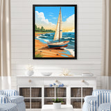 White Sailboat At The Shore Retro Illustration - Boat Canvas Wall Art
