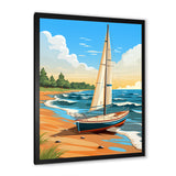White Sailboat At The Shore Retro Illustration - Boat Canvas Wall Art