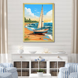 White Sailboat At The Shore Retro Illustration - Boat Canvas Wall Art
