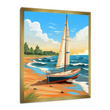 White Sailboat At The Shore Retro Illustration - Boat Canvas Wall Art