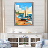 White Sailboat At The Shore Retro Illustration - Boat Canvas Wall Art