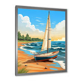 White Sailboat At The Shore Retro Illustration - Boat Canvas Wall Art