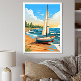 White Sailboat At The Shore Retro Illustration - Boat Canvas Wall Art