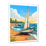 White Sailboat At The Shore Retro Illustration - Boat Canvas Wall Art