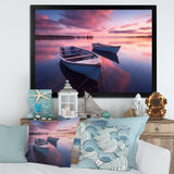 White Longboats Pink Blue Sunset Reflection - Boat Canvas Wall Art