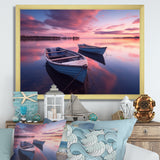 White Longboats Pink Blue Sunset Reflection - Boat Canvas Wall Art