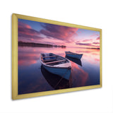 White Longboats Pink Blue Sunset Reflection - Boat Canvas Wall Art