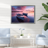 White Longboats Pink Blue Sunset Reflection - Boat Canvas Wall Art