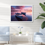 White Longboats Pink Blue Sunset Reflection - Boat Canvas Wall Art