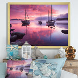 White Sailboat Pink Blue Sunset Reflection - Boat Canvas Wall Art