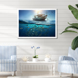 Boat Floating Above Fishes In The Turquoise Ocean - Boat Canvas Wall Art