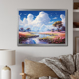 White Clouds Vibrant Blue Sky Pink Floral Meadows - Classic Cars Canvas Wall Art
