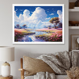 White Clouds Vibrant Blue Sky Pink Floral Meadows - Classic Cars Canvas Wall Art