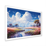 White Clouds Vibrant Blue Sky Pink Floral Meadows - Classic Cars Canvas Wall Art