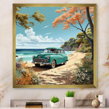 Vintage Old timer Classic Turquoise Car Beachside - Classic Cars Canvas Wall Art