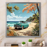 Vintage Old timer Classic Turquoise Car Beachside - Classic Cars Canvas Wall Art
