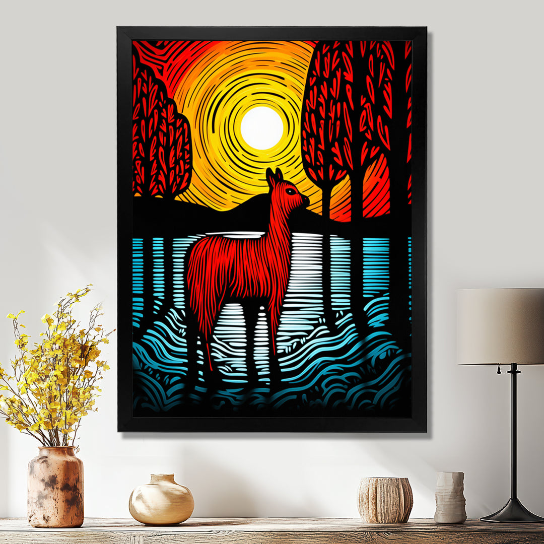 Minimal Red Alpaca Forest Sunset - Alpaca Wall Art Prints