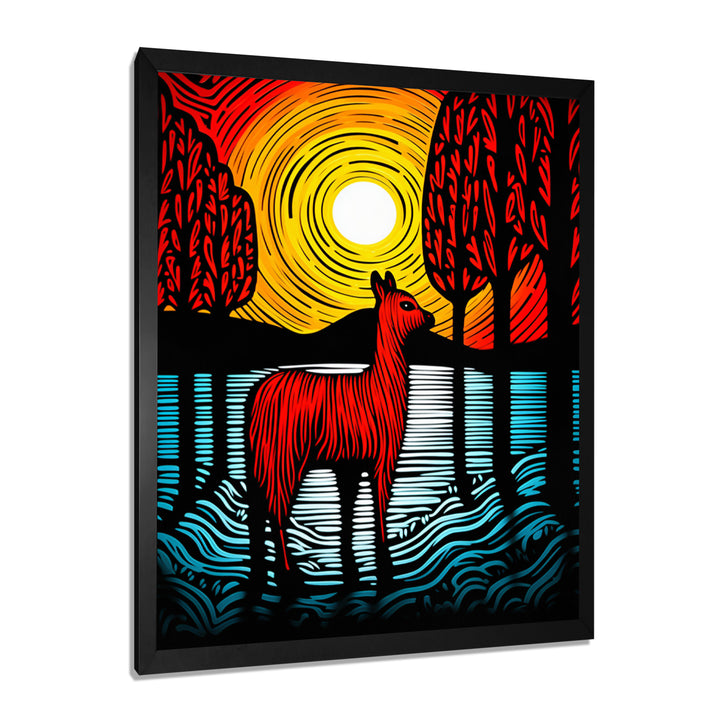 Minimal Red Alpaca Forest Sunset - Alpaca Wall Art Prints