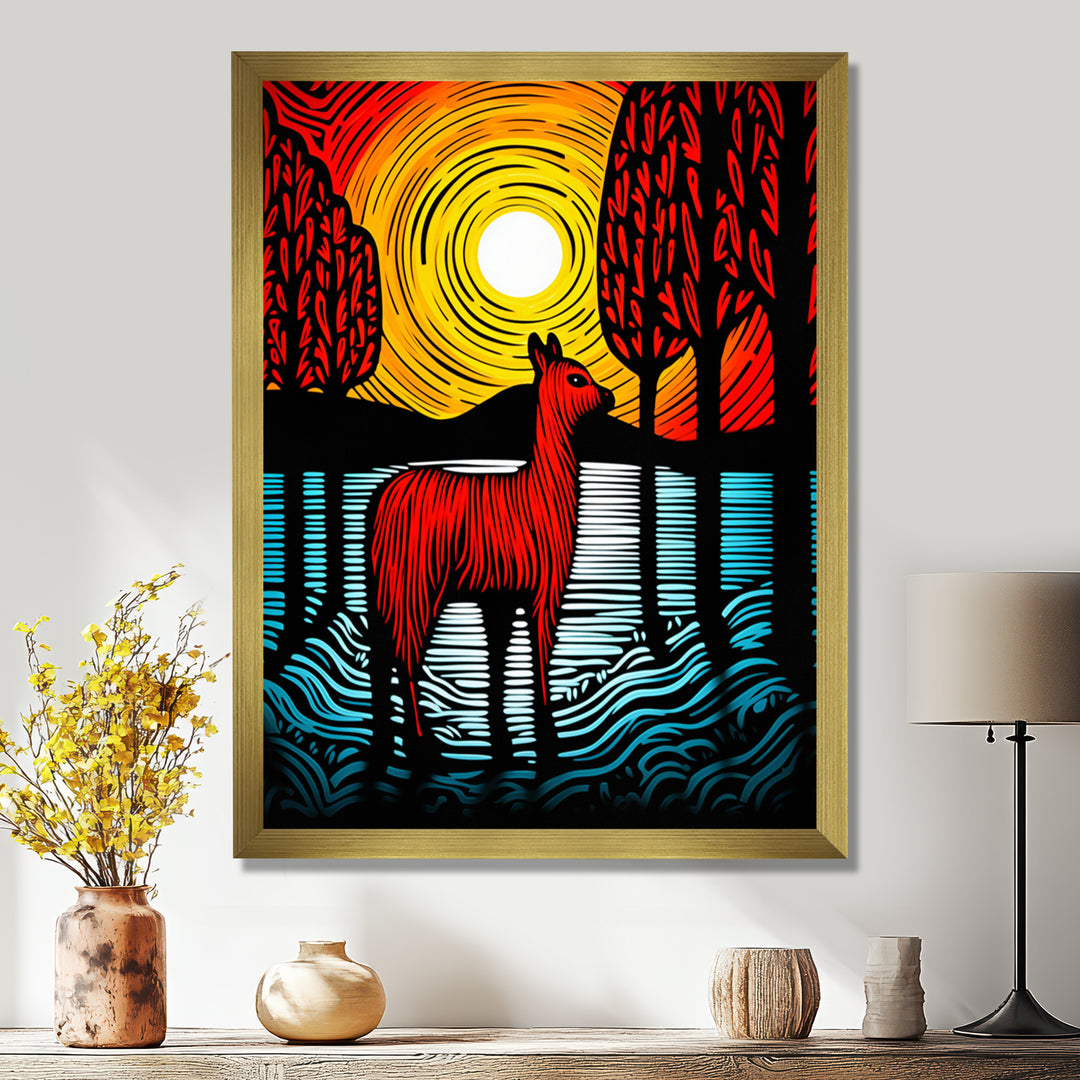 Minimal Red Alpaca Forest Sunset - Alpaca Wall Art Prints