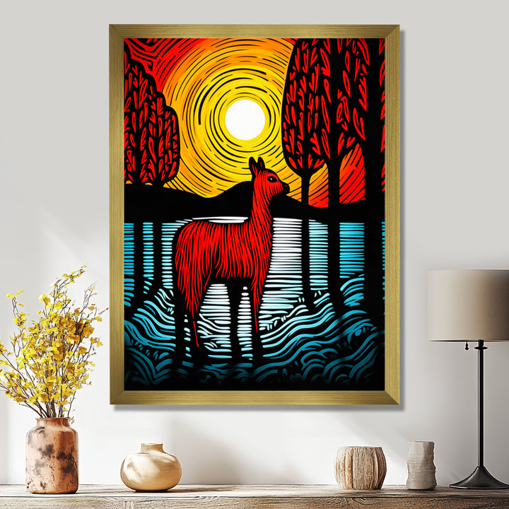 Minimal Red Alpaca Forest Sunset - Alpaca Wall Art Prints