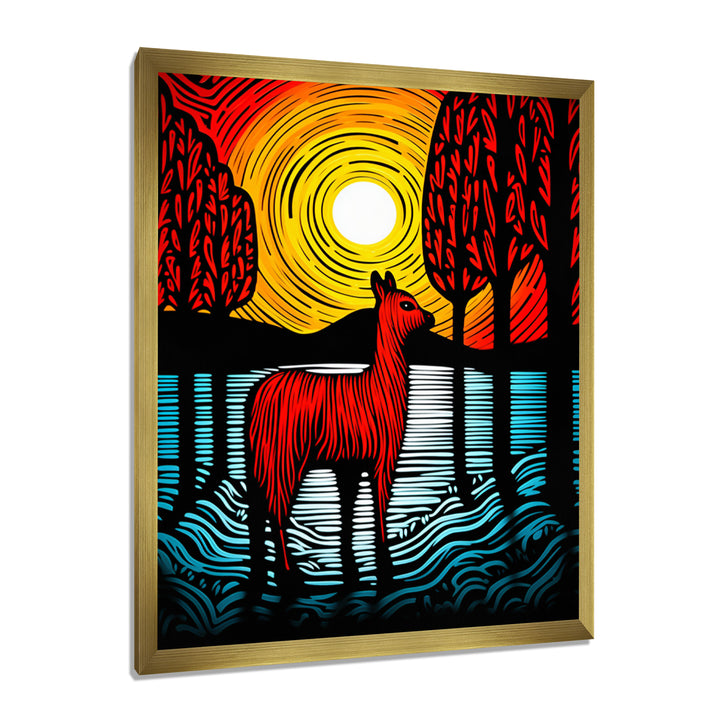 Minimal Red Alpaca Forest Sunset - Alpaca Wall Art Prints