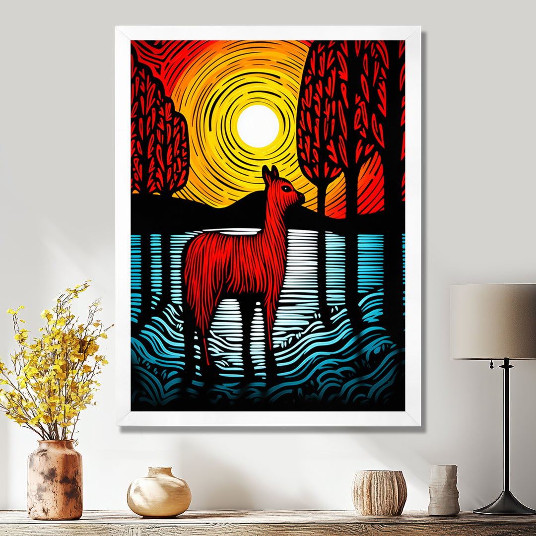 Minimal Red Alpaca Forest Sunset - Alpaca Wall Art Prints