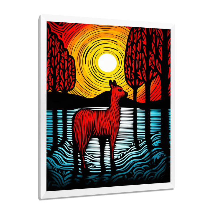 Minimal Red Alpaca Forest Sunset - Alpaca Wall Art Prints