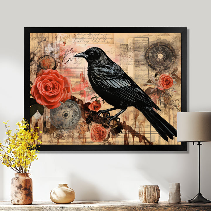Craw With Red Rose Vintage Collage - Bird Floral Canvas Wall Art