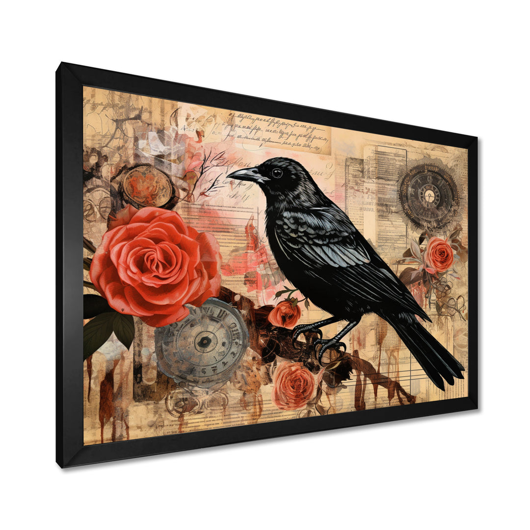 Craw With Red Rose Vintage Collage - Bird Floral Canvas Wall Art