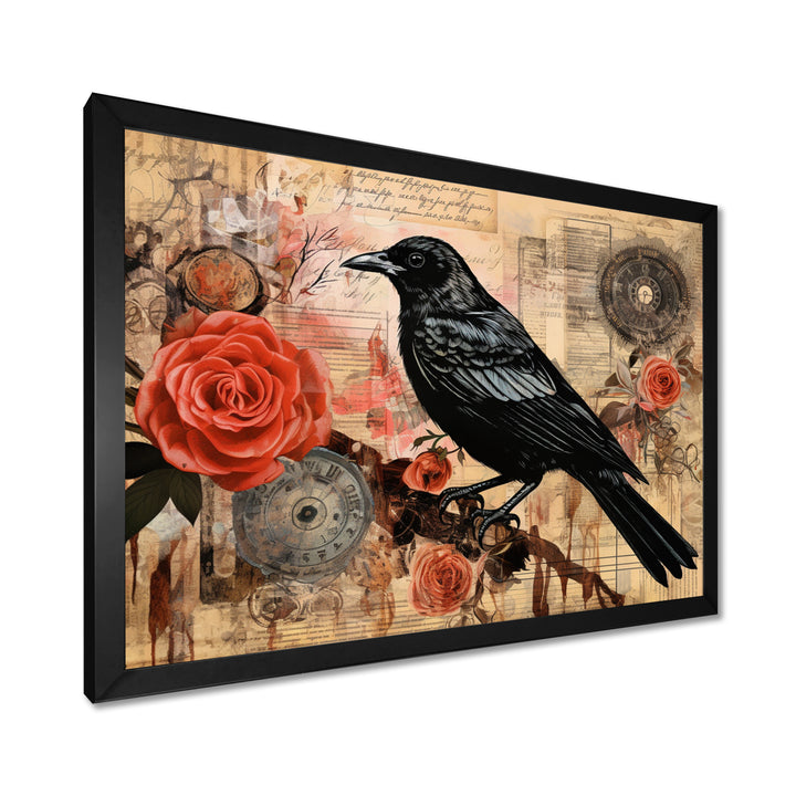 Craw With Red Rose Vintage Collage - Bird Floral Canvas Wall Art
