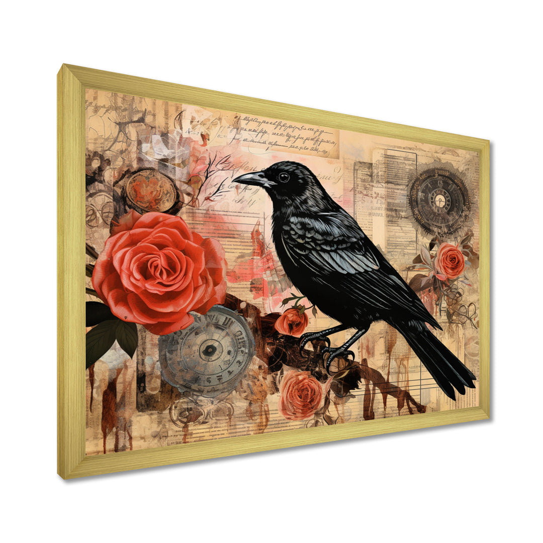 Craw With Red Rose Vintage Collage - Bird Floral Canvas Wall Art