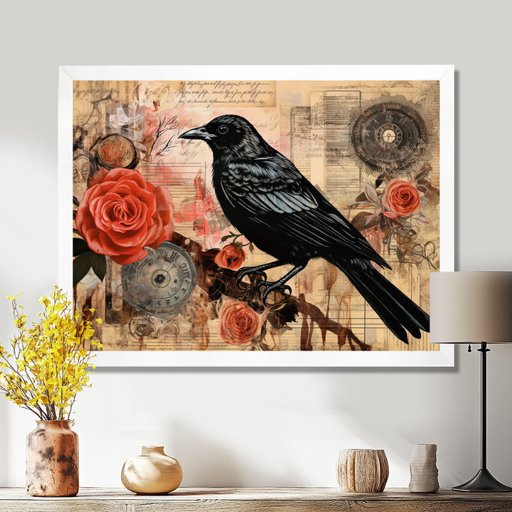 Craw With Red Rose Vintage Collage - Bird Floral Canvas Wall Art