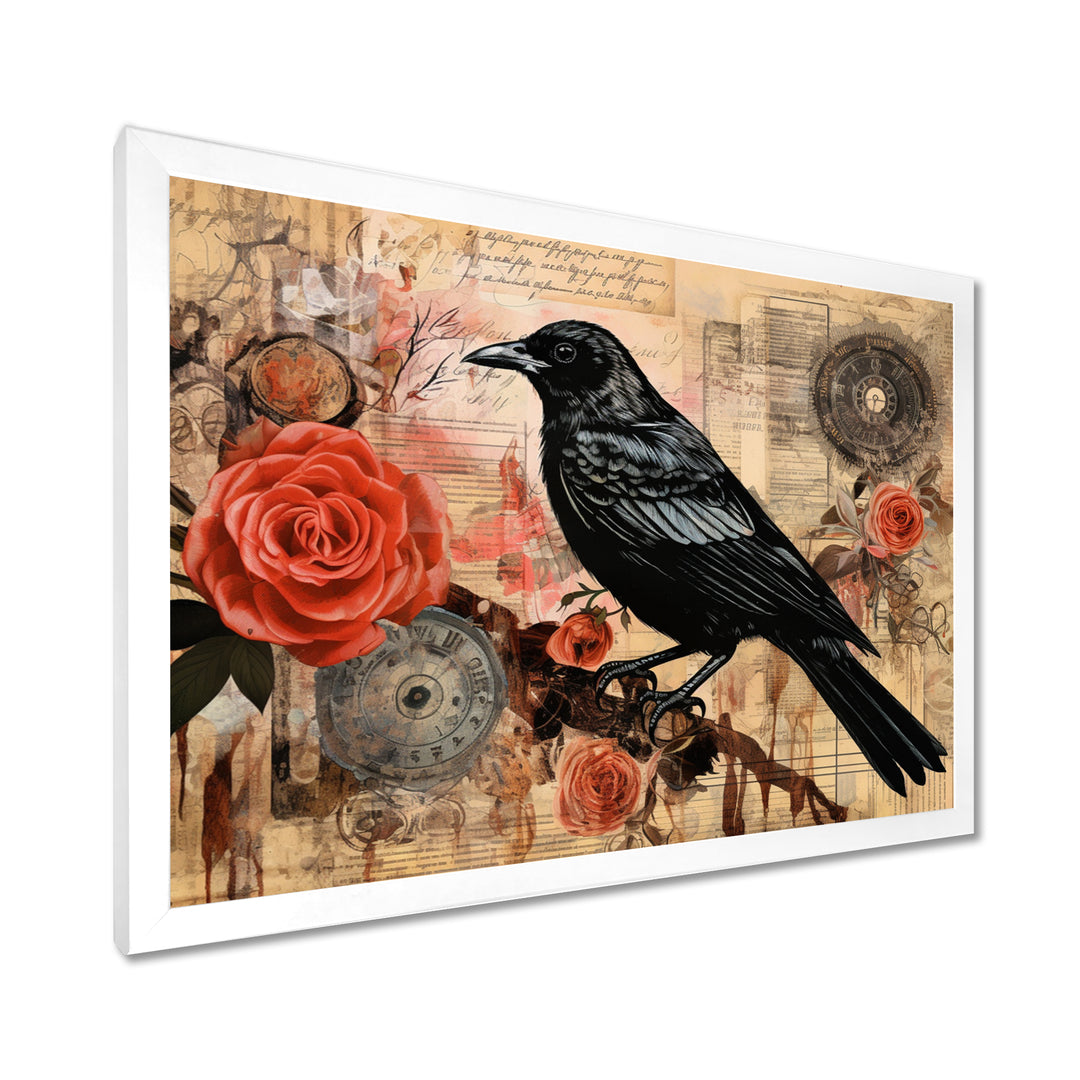 Craw With Red Rose Vintage Collage - Bird Floral Canvas Wall Art