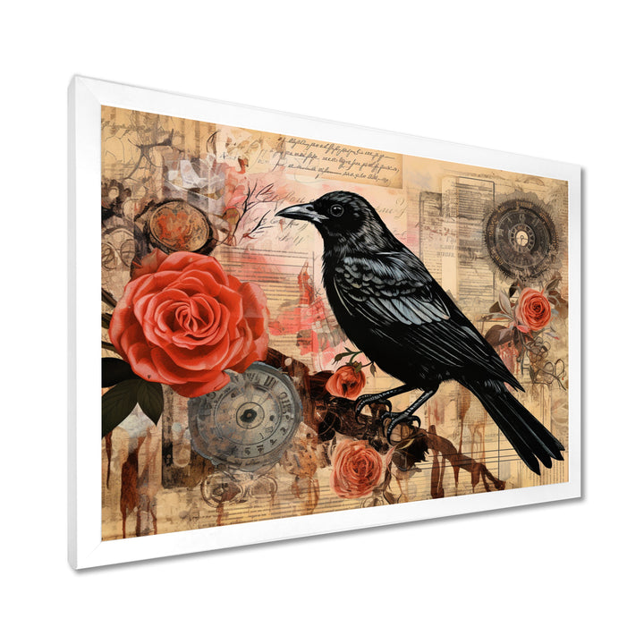 Craw With Red Rose Vintage Collage - Bird Floral Canvas Wall Art